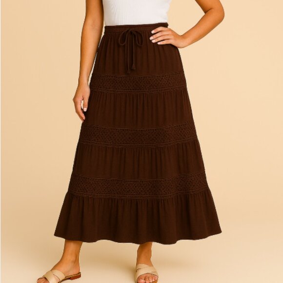 Dress Naoo Brown Boho Flowy Tiered Maxi Skirt with Crochet Detailing Size Large - Picture 1 of 9